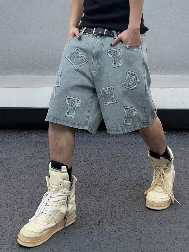 Pantalones Cortos de Denim para Hombre con Parches