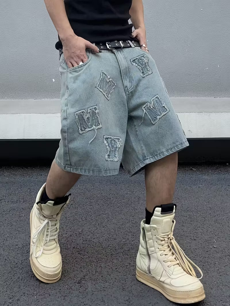 Pantalones Cortos de Denim para Hombre con Parches