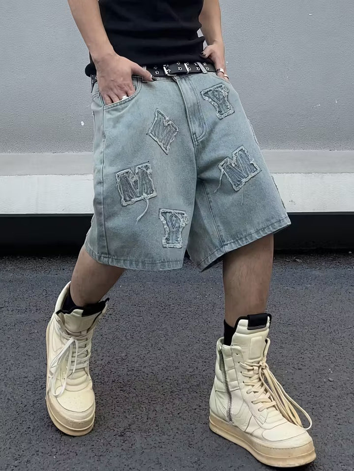 Pantalones Cortos de Denim para Hombre con Parches